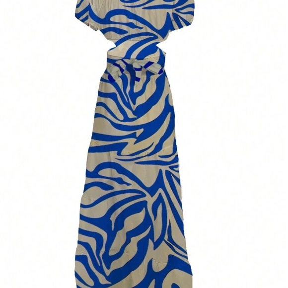 Blue and cream colored all over print off the shoulder, ruffle dress - Picture 3 of 7